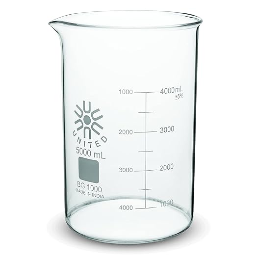United Scientific™ Borosilicate Glass Beaker, 5000ml, Autoclavable, 1 Each | Large Glass Beaker, Chemistry Glassware for Research & Educators, Low Form Griffin Design, Molded Pour Spout, Autoclavable by UnitedScientific