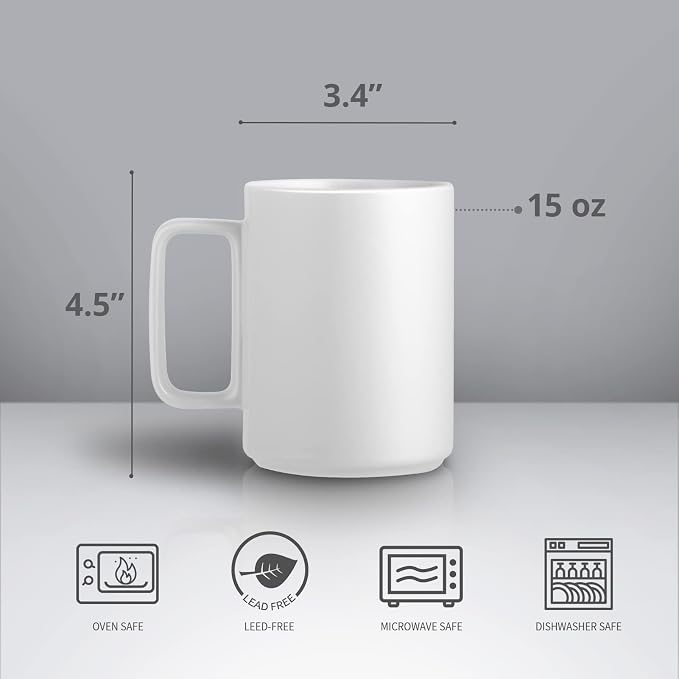 E-liu Large 15 Ounces Porcelain Coffee Mug Tea Mugs Set of 6 | Cups for Coffee, Tea, Cocoa, and Mulled Drinks , Dishwasher & Microwave Safe Gift Sets, White - Image 2
