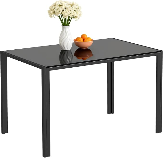 FDW | Dining Table for 4-6 People | Black | 47 Inch Rectangular Glass Kitchen Table | Space-Saving and Modern Design | for Dining Room, Easy to Assemble by FDW