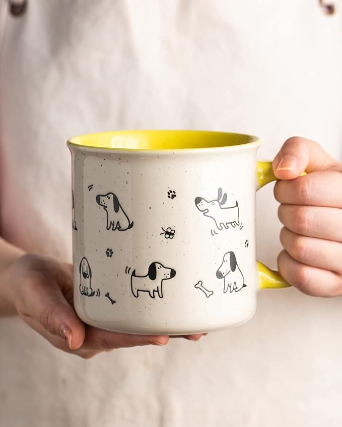 AmorArc 22 OZ Large Ceramic Coffee Mugs Set of 2, Oversized Mugs With Big Handle for Men Women Dad Mom, Big Mug With Textured Dogs Cats Patterns for Office & Home -Microwave Safe, 2 Pcs-Yellow - Image 2