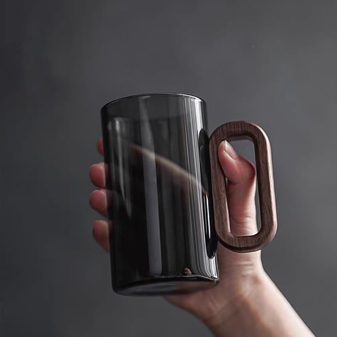 Borosilicate Glass Coffee Mug with Walnut Handle - 12oz Elegant Black Tumbler for Hot & Cold Drinks, Modern Office Tea Cup, Dishwasher Safe, 2.76" Diameter (360ml)