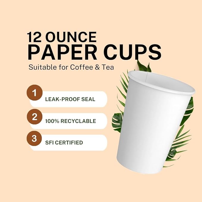 Made-In-USA 12 Ounce Disposable Hot Paper Cups, 1000 Count, 12oz | Coffee Cups, Leak-Free Food Safe Paper Cups, White Paper Cups for Hot Drinks (12 oz)