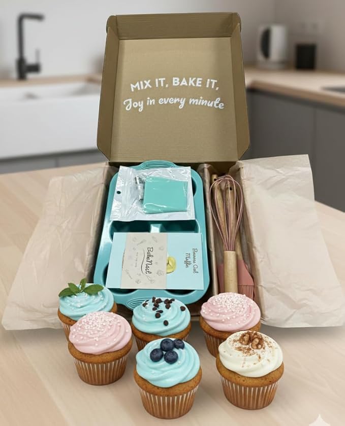 Silicone Baking Set – Gift-Ready BPA-Free Bakeware Kit with Non Stick Silicone Mini Muffin Pan, Cupcake Pan, Baking Utensils, Piping Bag & Recipe Cards – Cake Mold Starter Set for Baking