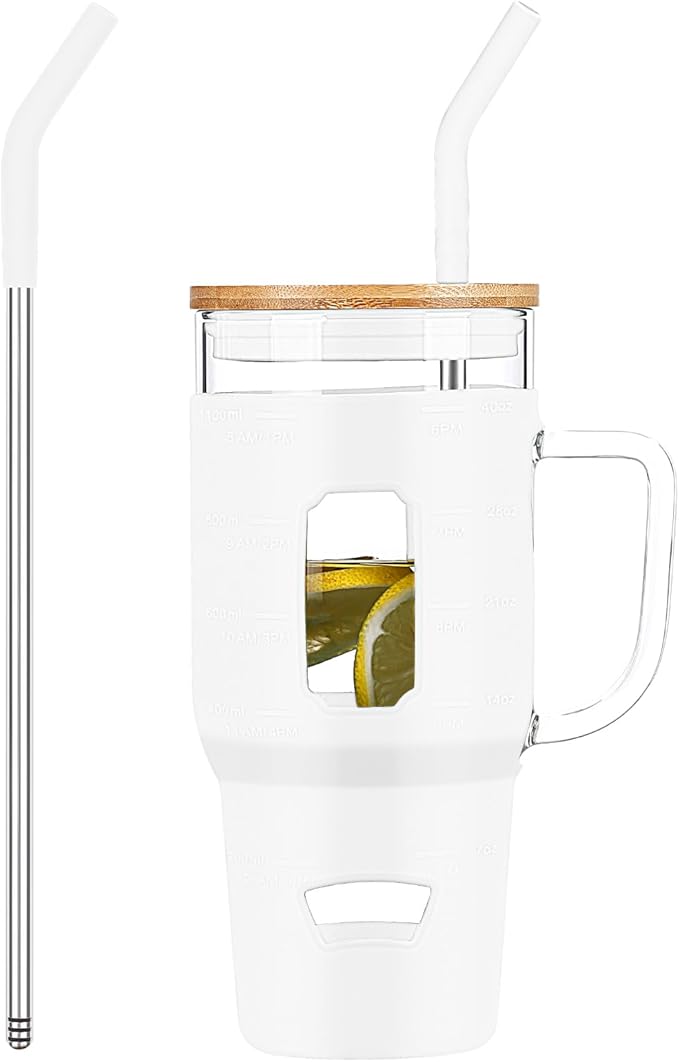 Glass Cups with Handle and Bamboo Lids - 40oz Tumbler with Stainless Steel Straw | Glass Water Bottle with Silicone Sleeve for Coffee, Smoothi, Hot/Cold Drinks for Travel, Office, Home (White)