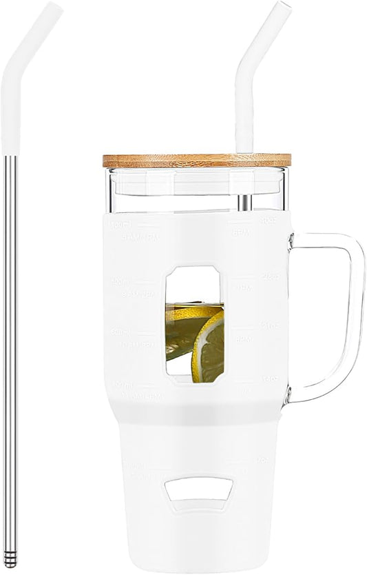 Glass Cups with Handle and Bamboo Lids - 40oz Tumbler with Stainless Steel Straw | Glass Water Bottle with Silicone Sleeve for Coffee, Smoothi, Hot/Cold Drinks for Travel, Office, Home (White)