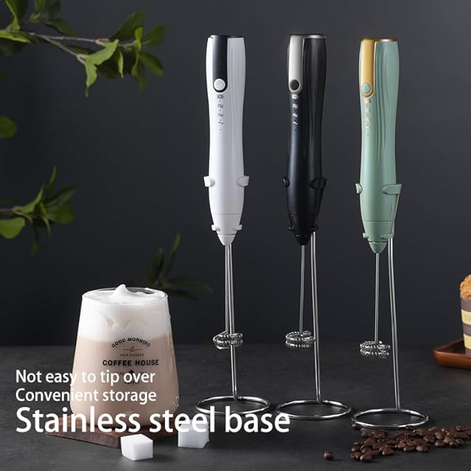 Ruciko Rechargeable 3-Speed Electric Milk Frother,Stainless Steel,Mini Handheld.Quick Type-C Charging for Lattes,Coffee,Egg Whipping & Hot Choc.With Double-Layer Frothing Head & Stand.(black)