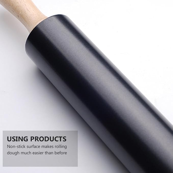 Black Smooth Surface Dough Rolling Pin Non-stick Wooden and Alloy Baking Tool for Kitchen Use and Bread Making - Image 3