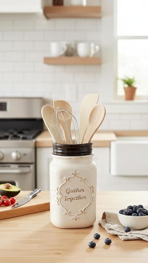 Young's Inc Farmhouse Ceramic Kitchen Tool Holder with Wooden Utensils, Decorative Gather Together Mason Jar Organizer for Kitchen Tools,10.5" - Image 6