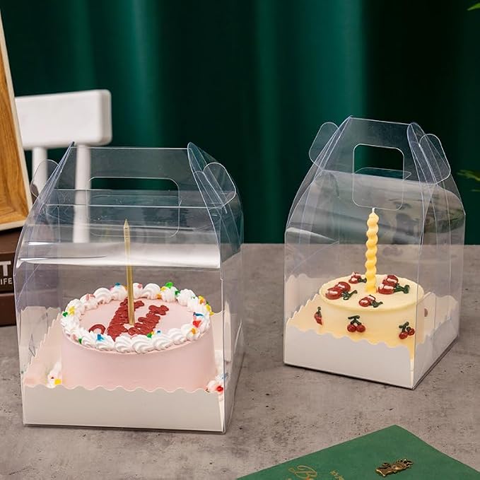 10Pcs Clear Cake Boxes with 10 Stickers and 1 Roll Ribbon Transparent Cake Carriers Plastic Cupcake Candy Food Storage Box for Home Wedding Birthday Party Favors Decor,5.5"X5.5" - Image 5