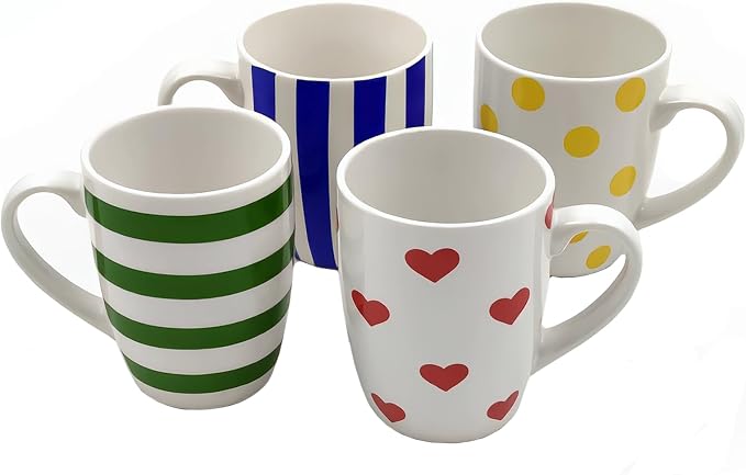 Colorful Porcelain Mug Set of 4 Include Stripes, Polka Dot & Heart Ceramic Coffee Mugs, Gift Boxed Kitchen Cup Set, Bright Everyday Cups for Family, Office & Parties,Housewarming Gift by Unknown