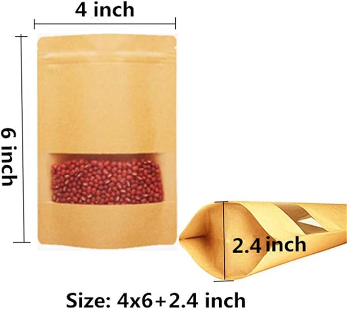Kraft Paper Bags With Matt Window And Zipper Decorative Brown Heavy Duty Heat Seal Recycled Resealable Mylar Stand Up Pouches Bags Sealable For DIY Food Snack Cookies Candy Coffee (4x6+2.4inch) - Image 3