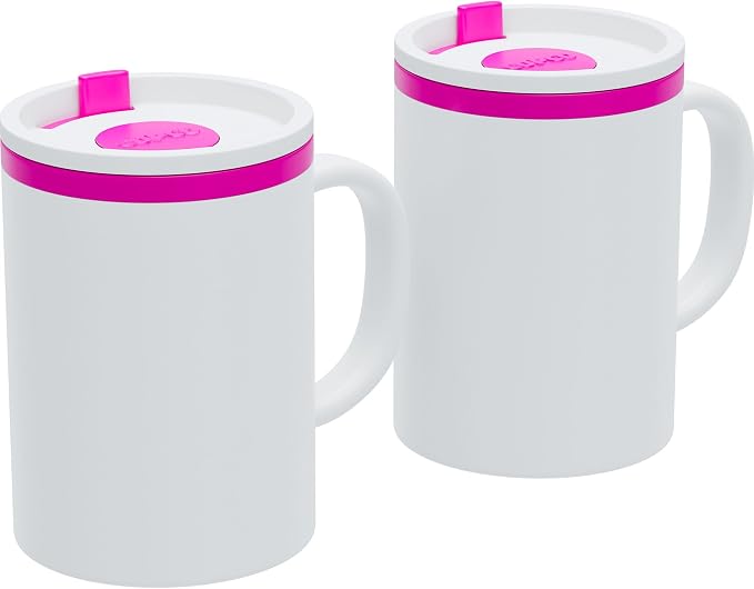 Copco Iconic Desk Mug with Lid & Handle, 16 Oz - Pink, Set of 2 | Double-Wall Insulated Reusable Coffee Mug, Spill-Resistant Slide, Wide Mouth for Hot & Cold Drinks, Office & Travel Cup by Copco