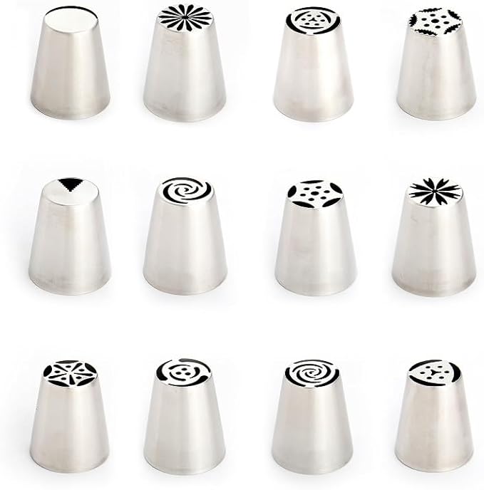 27 Pieces Small Stainless Steel Russian Flower Icing Tips Kit,12 Russian Tips, 2 Small Leaf Flower Piping Tips,2 Plastic Couplers,10 Disposable Pastry Bags,1 Reusable Piping Bag for Cake Decorations