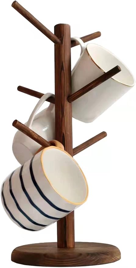 Dorhors Mug Holder Tree,Coffee Cup Holder,Mug Rack Stand Hook,Bar Organizer | Rustic Brown Wood Coffee Station Accessories 6 Hook,Coffee Shelf Decor for Kitchen Countertop,Counter Storage Display Mug,Cup by Dorhors