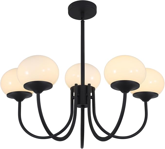 5 Light Black Milk Glass Chandelier Farmhouse Pendant Lights Kitchen Island Frosted White Globe Chandelier Mid Century Modern Dining Room Light Fixtures Over Table by FlyRose