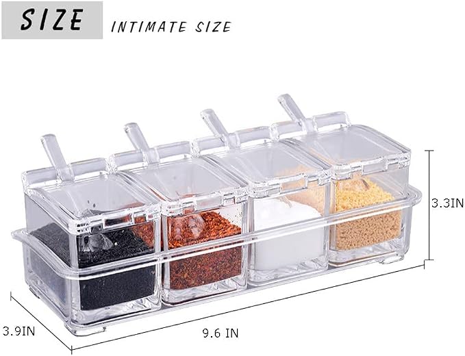 CLUQMEIK Clear Seasoning Box,4 Spice Jars Condiment Containers with Lids and 4Pcs Spoons 1Pcs Tray Seasoning Organizer for Salt, Sugar,Cardamon, Cinnamon,Cloves,Mustard,Nutmeg,Pepper and Tumeric - Image 3