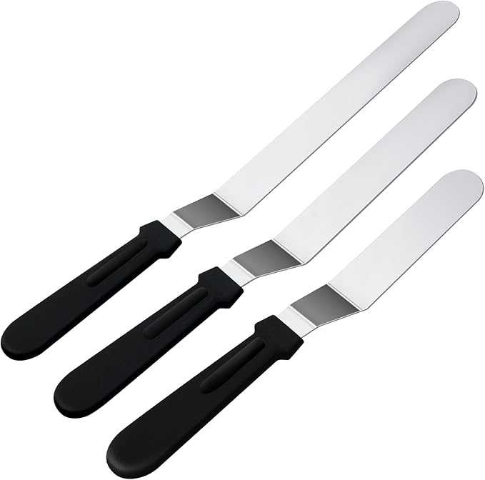 3 Black 6 8 & 10 Inch Stainless Steel Icing Spatulas - Offset Spatula for Cake, Butter, and Cake Flour - Durable Metal Spatula for Baking Enthusiasts, Use for Home, Kitchen or Bakery