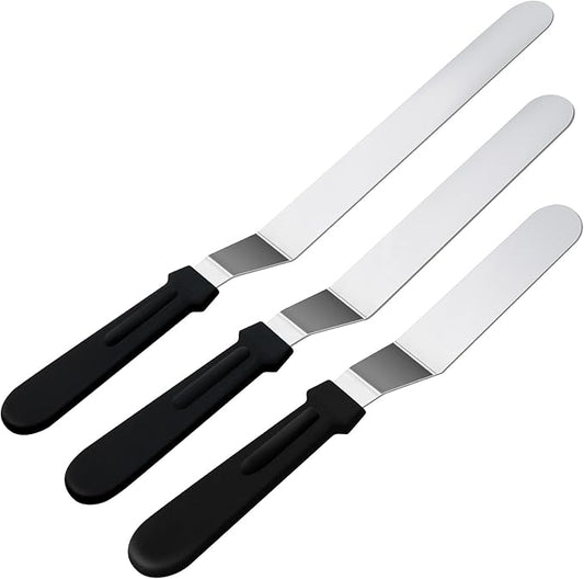 3 Black 6 8 & 10 Inch Stainless Steel Icing Spatulas - Offset Spatula for Cake, Butter, and Cake Flour - Durable Metal Spatula for Baking Enthusiasts, Use for Home, Kitchen or Bakery