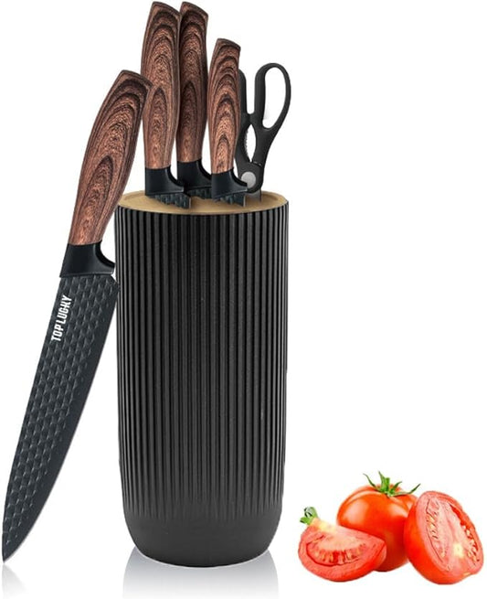 Knife Set, Wiztoynia 6-Piece Black Kitchen Knife Set for Home, Anti-Rust Non-stick Stainless Steel Sharp Chef Knife Set with Universal Knife Block for Kitchen, Ergonomical Design (Black) by Wiztoynia
