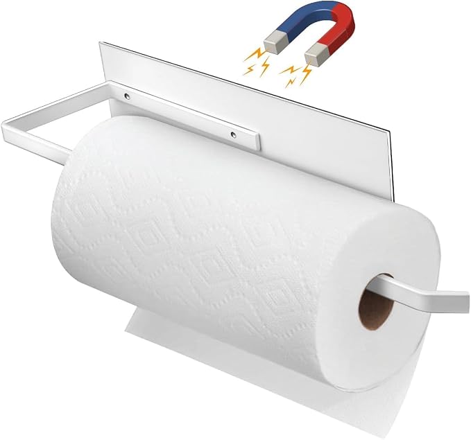 Magnetic Paper Towel Holder for Fridge, Toilet Paper Roll Holder Magnetic Paper Towel Rack Wall Mount Fridge Organizer for Papers Towels Roll Bathroom Toilet Garage RV Decor Kitchen Organization White by SeropyDirect