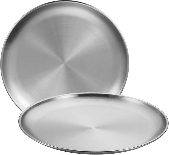 Stainless Steel Plates,2 Pcs 10 Inches Dinner Platess Camping Plate,Perfect for Snack Candy Pizza Fruit Camping Etc.Reusable and Dishwasher Safe (2, 10 inches) by ICSTM