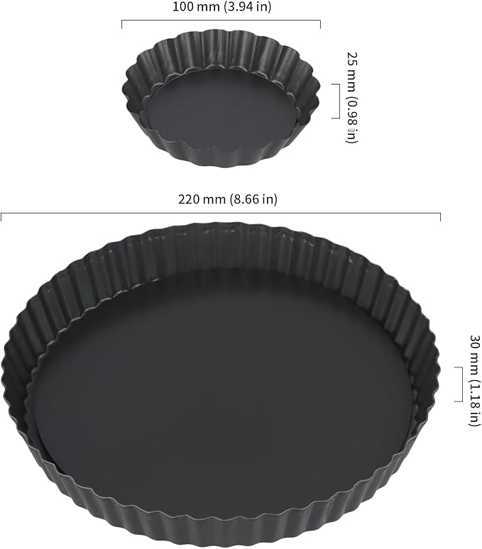 6 Pack 10cm 22cm Fluted Tart Tins with Loose Base, 4" 8.7" Non-Stick Pie Dishes Pans Set with Removable Bottoms, Carbon Steel Quiche Moulds for Quiches, Pies, Pastries - Image 2
