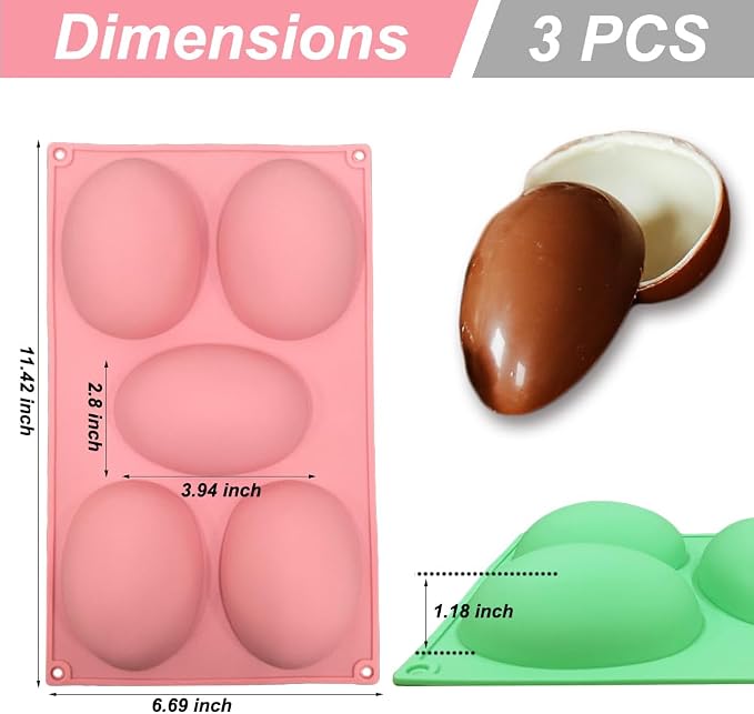 3 Pack 3D Big Easter Egg Silicone Molds, 5 Cavity Egg Shape Non-stick Baking Molds Tray DIY Baking Tool Easter Egg Pan for Chocolate Cake Dessert Muffin Mousse Pastry Handmade Soap Crayons - Image 2