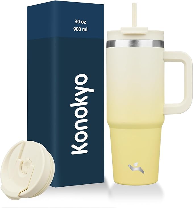 Konokyo 30 oz Insulated Tumbler Water Bottle with Handle, Straw Lid | BPA-free and dishwasher safe; made for gym, travel, coffee and gifting, 2 straws, cup holder friendly,Lemon by Konokyo