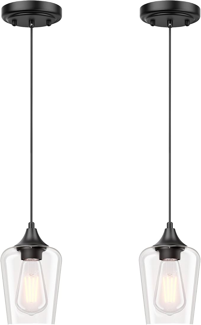 Ralbay Matte Black Industrial Pendant Light 2-Pack, Pendant Light Fixtures with Wine Clear Glass Shade, Adjustable Height for Kitchen Island, Farmhouse Dining Room Hanging Lighting Fixture by RalbayLighting
