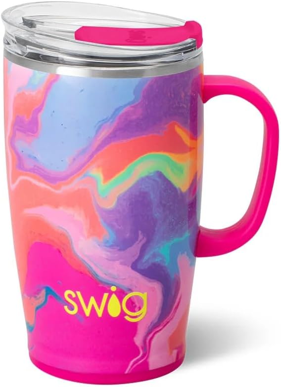 Swig Life 18oz Insulated Travel Mug with Handle & Lid, Candy Crush | Triple Insulated Stainless Steel - Handle & Lid Included - Keeps Coffee Hot or Cold - Cup Holder Friendly by SwigLife