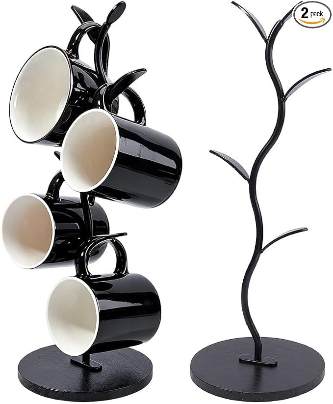 WEBEEDY 2 Pack Wood Mug Holder Tree Coffee Cup Holder with 5 Hooks,Detachable Countertop Mug Rack with Base Cup Stand for Coffee Bar Decor & Home Kitchen Organizer,40cm/15.7 inch Height(Brown) by WEBEEDY