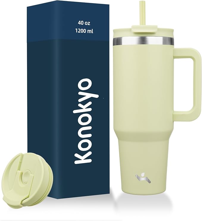 Konokyo 40 oz Insulated Tumbler Water Bottle with Handle, Straw Lid | BPA-free and dishwasher safe; made for gym, travel, coffee and gifting, 2 straws, cup holder friendly,Macaron Green by Konokyo