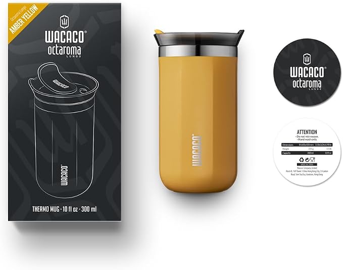 WACACO Octaroma Lungo Vacuum Insulated Coffee Mug, Double-wall Stainless Steel Travel Tumbler With Drinking Lid, 10 fl oz(300ml)， Amber Yellow - Image 8