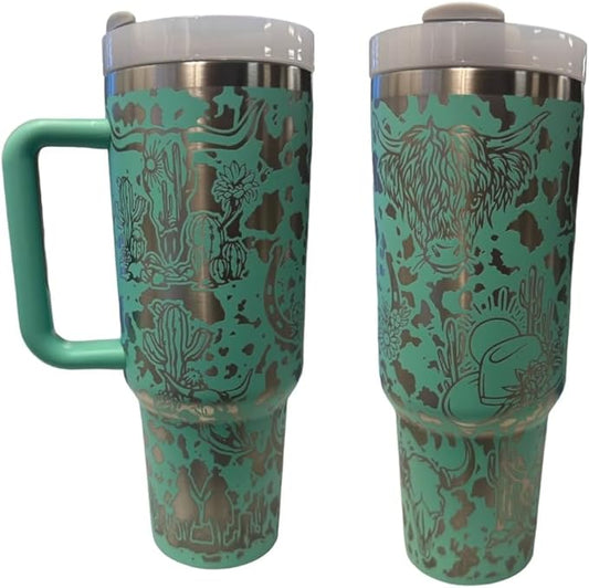 Western Engraved 40oz Tumbler, Tumbler with handle, Cowgirl Tumbler, Country Mug with Handle (Mint-Western2.0(B14))