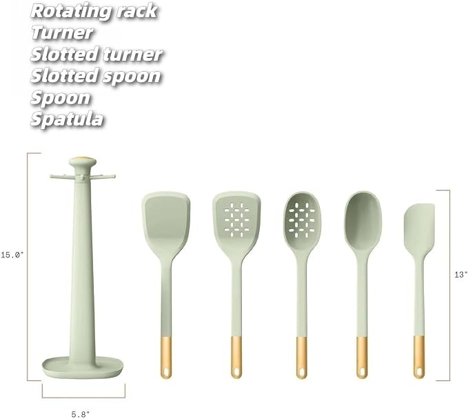 Kitchen Utensil Set, 6-Piece Silicone Kitchen Utensil Set with Rotating Rack - Non-Scratch, Heat Resistant Tools & Gold Stainless Steel Handles (Light Green) - Image 2