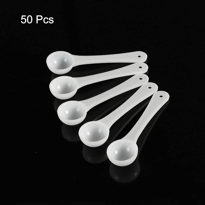 MECCANIXITY Micro Spoons 1 Gram Measuring Scoop Plastic Round Bottom Mini Spoon with Hanging Hole for Home Kitchen Powder Measurement Baking 50Pcs
