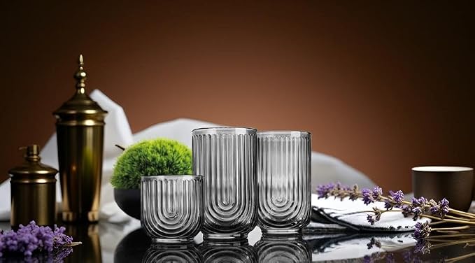 16 Piece Smoke Glassware Set, Beautiful Art Deco Black Drinking Glasses, Ribbed U-Shape Design, 8 Highball 17oz and 8 Whiskey 11oz DOF Handwash Only - Image 4