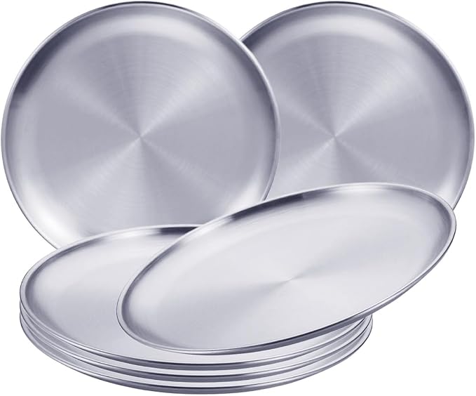 Stainless Steel Plates,6 Pcs 8Inch Dinner Platess Camping Plate,Perfect for Snack Candy Pizza Fruit Camping Etc.Reusable and Dishwasher Safe (6, 8 inches) by ICSTM