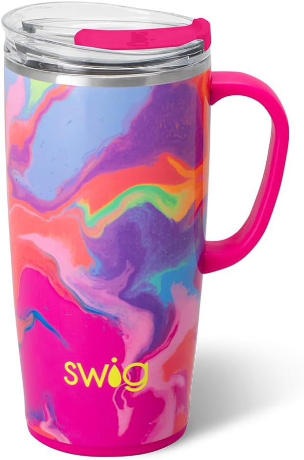 Swig Life 22oz Insulated Travel Mug with Handle & Lid, Candy Crush | Triple Insulated Stainless Steel - Handle & Lid Included - Keeps Coffee Hot or Cold - Cup Holder Friendly by SwigLife