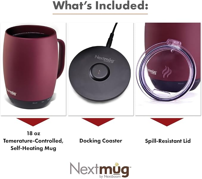 Nextmug Plus - Temperature-Controlled, Self-Heating Coffee Mug | (Burgundy - 18 oz.) – No App, Long-Lasting Battery for Work & Study, Great Gift for Coffee Lovers - Image 3