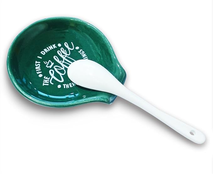 Littlefa Coffee Spoon Rest Holder-Coffee Bar Accessories-Blackish Green | Funny Ceramic Coffee Spoon Rest for Coffee Bar Accessories Essentials, Coffee Lovers Gifts, But First I Drink Sign - Image 3