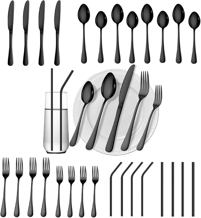 28 Pieces Black Silverware Service for 4 Flatware Set Stainless Steel Utensils Cutlery Set Dishwasher Safe by Gutuwellea