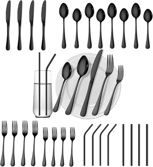 28 Pieces Black Silverware Service for 4 Flatware Set Stainless Steel Utensils Cutlery Set Dishwasher Safe by Gutuwellea