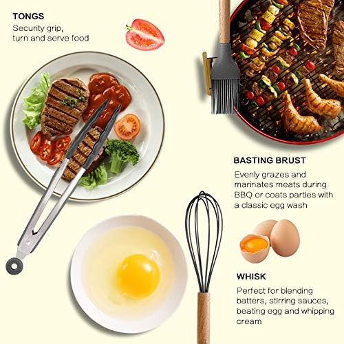 MIBOTE Silicone Cooking Kitchen Utensils Set, 17 Pcs, Wooden Handle, Grey | BPA-Free, Non-Toxic Silicone Turner, Tongs, Spatula, Spoon Set – Great for Nonstick Cookware, Heat-Resistant, Easy Clean - Image 4