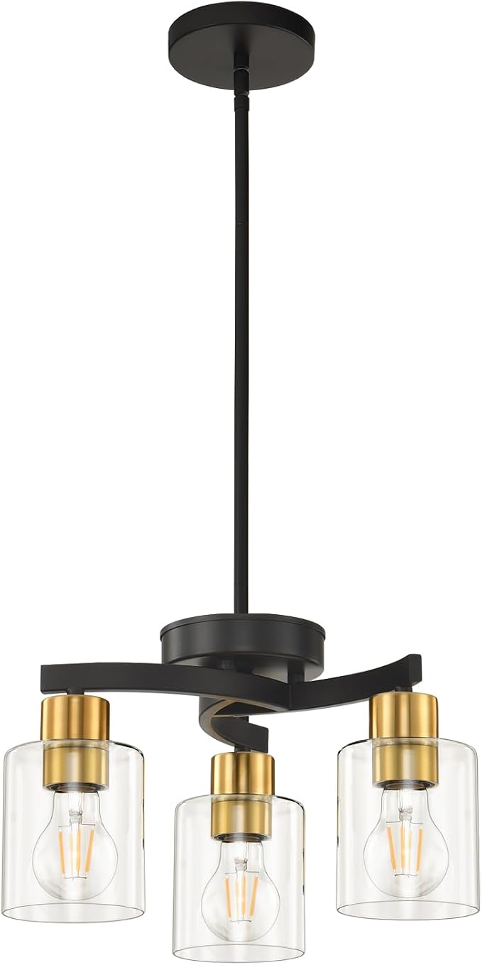 Black Brass Dining Room Chandelier, 3 Light Modern Industrial Pendant Light for Kitchen Island, Adjustable Height Ceiling Light with Clear Glass Shades,E26 Base,Dimmable by KLSSLighting