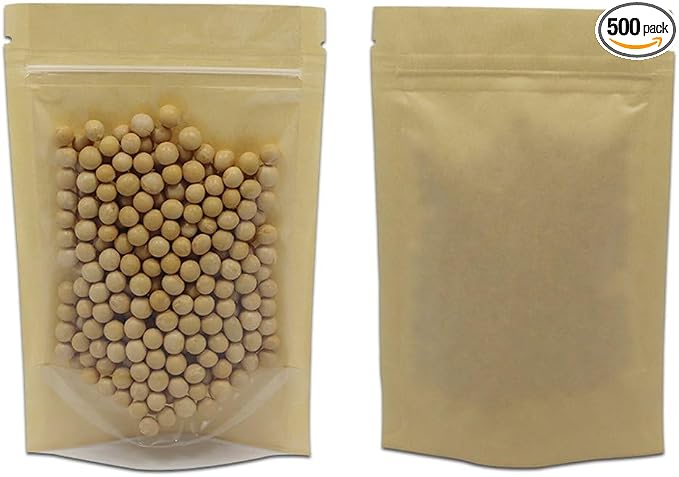 PABCK Clear Front Stand Up Kraft Paper Bags Resealable 3.9x5.9inch 500 Pcs | Stand Up Brown Paper Window Bag Zipper Lock Food Storage Bag for Coffee Snack Nuts Spice Seeds Crafts Packaging Heat Sealable by PABCK