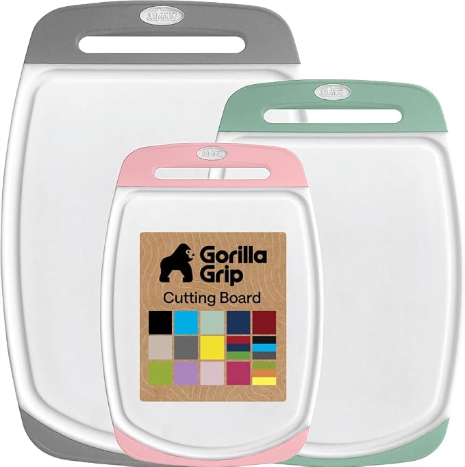 GORILLA GRIP BPA-Free Reversible Kitchen Cutting Board Set of 3, US Designed, Nonporous, Juice Grooves Catch Liquid, Slip Resistant Border, Dishwasher Safe Large Food Chopping Boards, Gray Mint Pink by Unknown