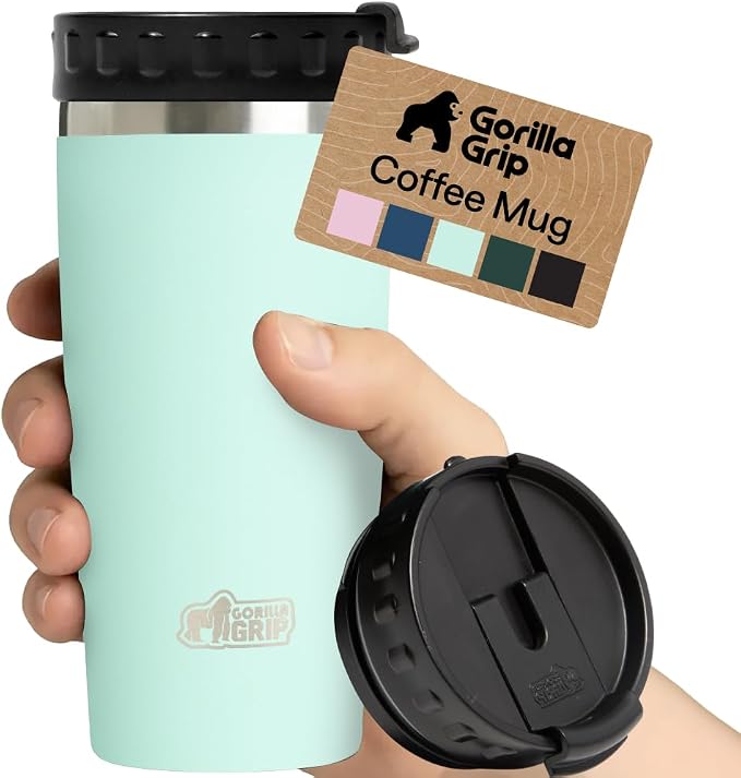 GORILLA GRIP 304 Stainless Steel Double Insulated Travel Coffee Mug, Leakproof Lid with Smooth Sip Top, Prevent Spills, Dent & Rust Resistant Reusable Tumbler Cup, Thermal Mugs for Drinks, 20oz, Mint by Unknown
