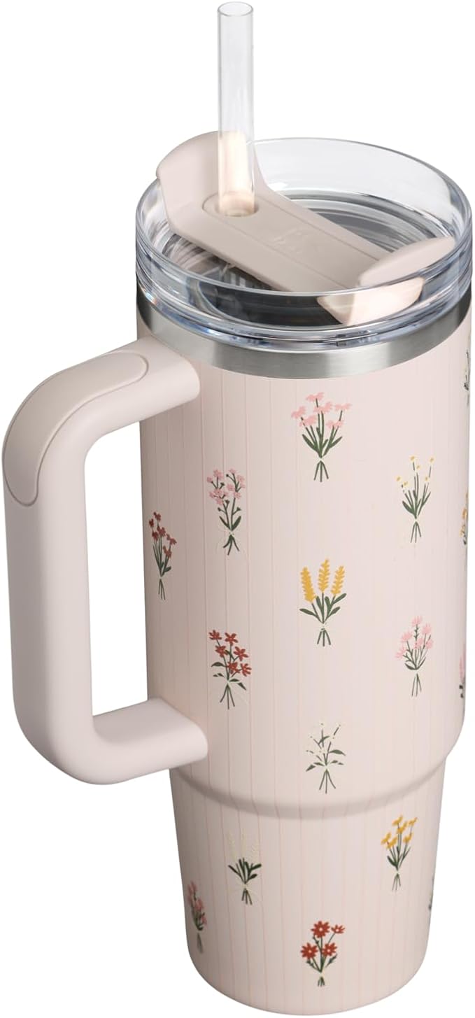 STANLEY Quencher H2.0 Flow State Tumbler, 30 oz, Rose Quartz Bouquets | Handle and Straw | 3-Position Lid | Cup Holder Compatible for Travel | Insulated Stainless Steel Cup | BPA-Free - Image 3