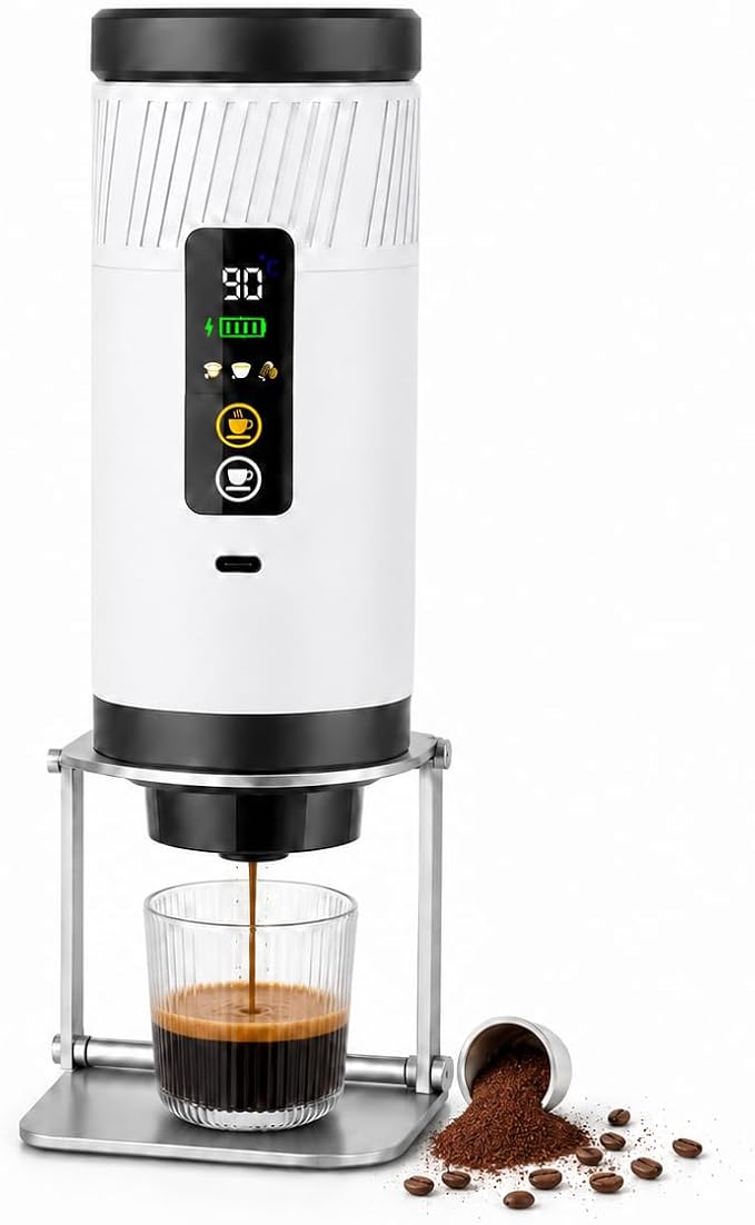 Portable Espresso Machine, 3-in-1 Self-Heating Coffee Maker, 290 PSI, USB-C | Self-heating 3-in-1 portable espresso maker for capsules & ground coffee, 290 PSI hot/cold brew, USB-C charging, Pure White by Unknown